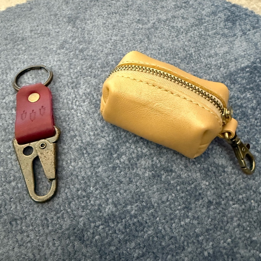 Portland Leather champagne trinket bag and deep red key ring